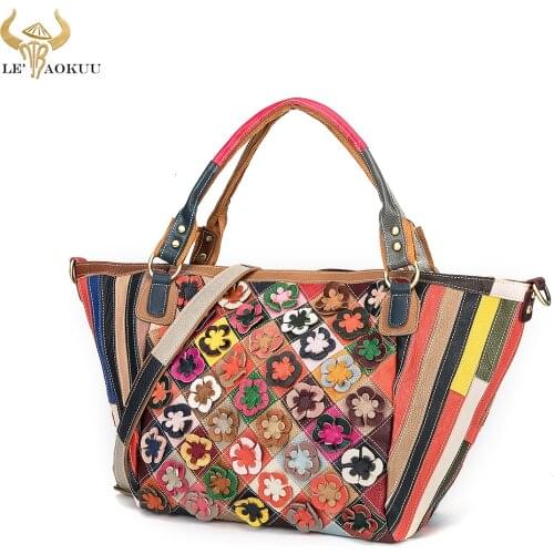 Multi-Color Genuine Leather Luxury Brand Ladies Flower Fashion Shopper Handbag Shoulder bag Women Designer Female Tote bag 573