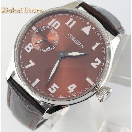 Corgeut 44mm silver case coffee dial green luminous leather 6497 hand winding mens mechanical watch
