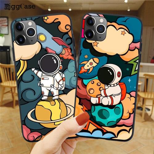 Planet Astronaut painting Soft Black Phone Case For iPhone 11 12 Pro Max Mini X XS XR 6 6S 7 8 Plus SE 2020 Back Cover
