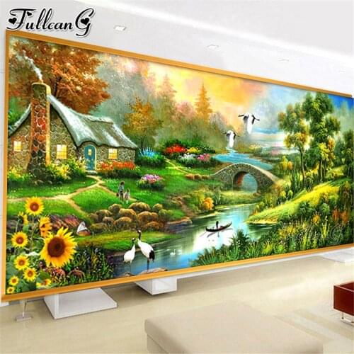 FULLCANG European style cottage scenery river 5d diy large diamond painting full square round rhinestone embroidery kits FG0266