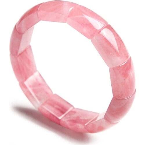 Genuine Natural Rose Pink Quartz Bangles Femme Women Stretch Rectangle Bead Crystal Natural Stone Bracelets