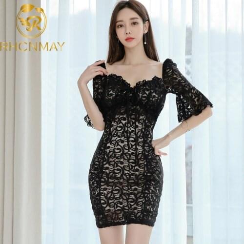 New Women 2020 Elegant Sexy Black Lace Pencil Dresses V neck Summer Vestidos Short Flare sleeve Hollow Out Slim Sheath Dress