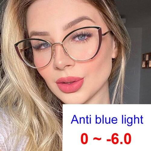 Myopia Correction Glasses 0 to -6.0 Anti Blue Light Gaming Glasses Women Cat Eye Double Clolors Print Eyeglasses Frame Optical