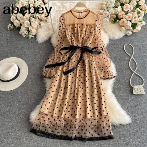 2021 New Summer French elegant O-neck long sleeve Dress high waist lace up waist polka dot mesh patchwork A-line Dress