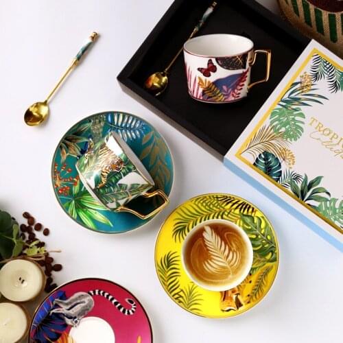 Luxury Tropical Rainforest Style Milk Tea Coffee Cup and Saucer Set with Spoon Forests Banana Leaf Sloth Tiger Gift Packing