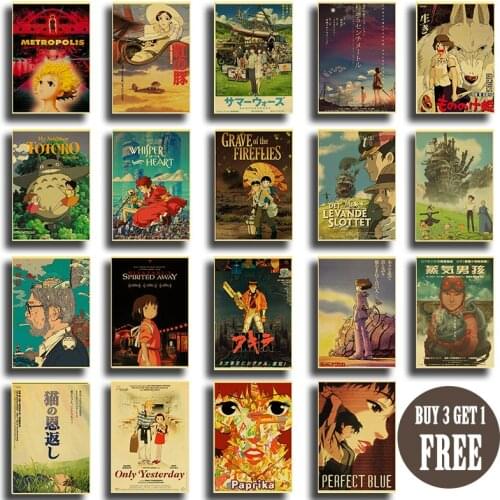 Japanese Anime Set Posters Miyazaki Hayao Cartoon Poster For Home Room Decor High Quality Prints Retro Wall Stickers