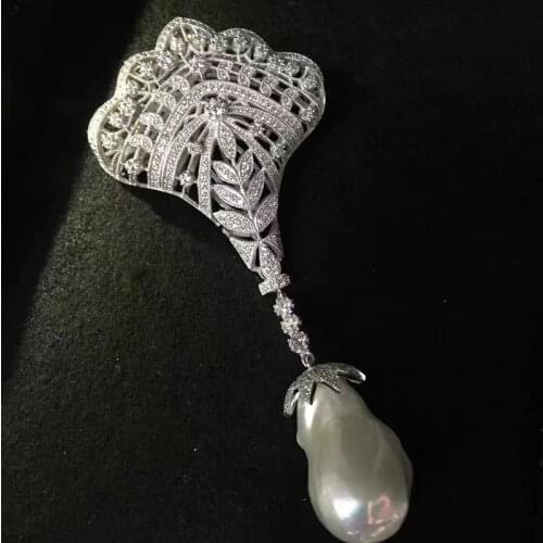 Baroque Natural fresh water Pearl brooch pins 925 sterling silver with cubic zircon real pearl Victoria fine women jewelry