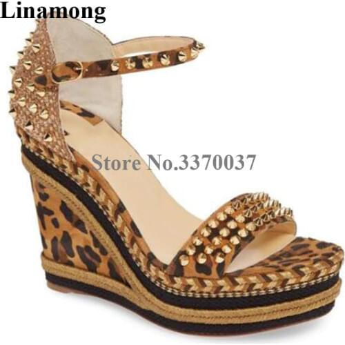 Newest Women Wedges Brand Design Open Toe Gold Rivet High Platform Leopard Wedge Sandals Sexy 15cm Heels Height Increased Shoes