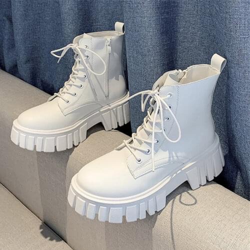 Rimocy 2021 New Women White Ankle Boots PU Leather Thick Sole Lace Up Combat Booties Female Autumn Winter Platform Shoes Woman