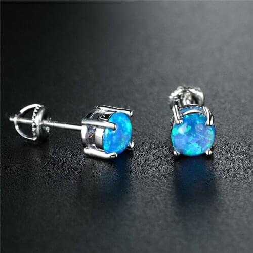 Fashion Silver Color Stud Earrings Female Cute Small Round Stone Earrings Blue White Green Opal Earrings For Women Bride Jewelry