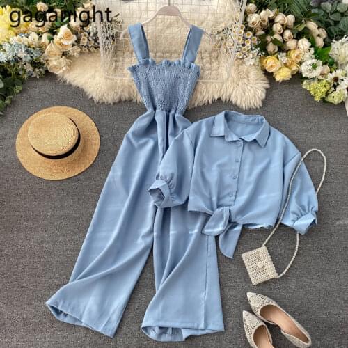 Gaganight Elegant Women Two Pieces Set Long Jumpsuit Solid Fashion Summer Short Blouse Chic Korean 2 Pieces Set Lady Suit 2021