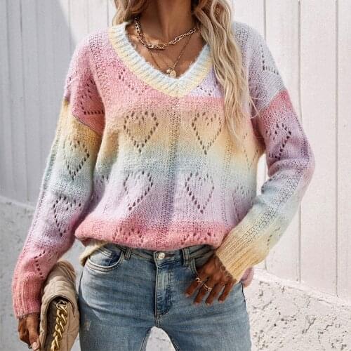 2021 New Autumn and Winter Womens Loose Plus Size Sweaters Rainbow V-neck Knit Pullover Acrylic Striped Long Sleeve Sweater