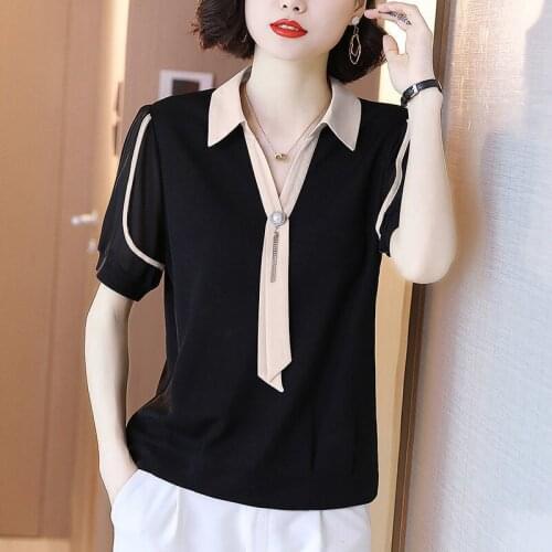 Large Size Women Short Seleeve Knitting Loose Blouses Shirts Summeer Casual Tie Solid Color Tops Blusas MM0237