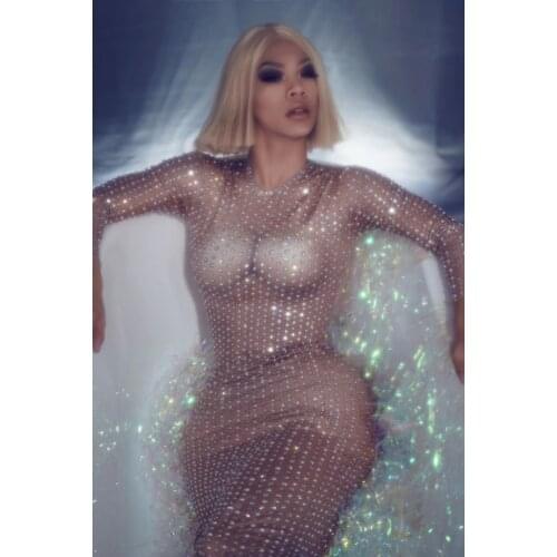 Big Stretch Full Rhinestones Pearls Skinny Long Dress Sexy Nightclub Stage Wear Female Singer Host Evening Party One Piece Dress