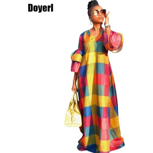 Colorful Plaid Maxi Dress Women Autumn V Neck Lantern Sleeve Long Casual Dresses Elegant Floor Length Party Dresses