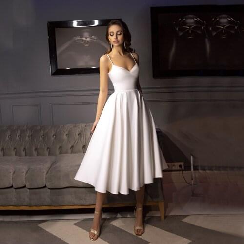 Sweetheart Tea Length Wedding Dresses 2021 Simple Open Back Bridal Gown Jersey Spaghetti Straps Solid Color Vestidos De Novia