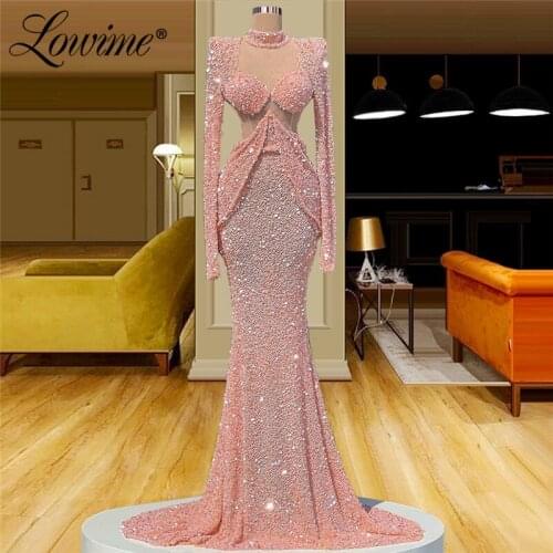 Lowime Dubai Pink Luxury Beads Evening Gown 2021 Sexy High Neck Long Sleeves Mermaid For Women Formal Party Dress Prom Dresses