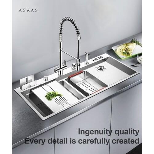 ASRAS 12050P Exquisite Luxury Handmade Kitchen Sink Spring Stretch 304 Stainless Steel Faucet Large Double Sink With Cup Rinser