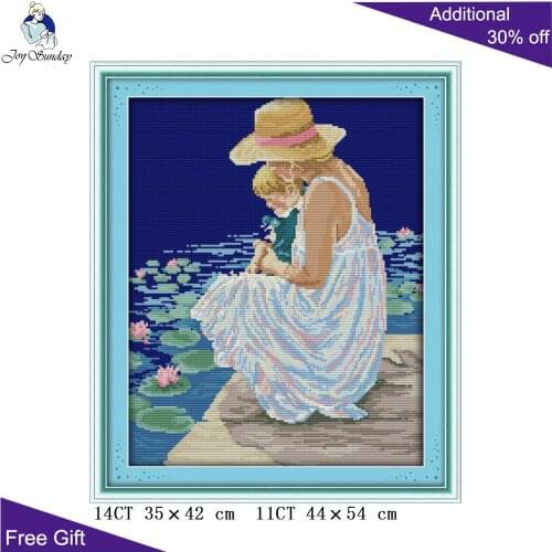 Joy Sunday Mother And Son Home Decor R948 14CT11CT Counted and Stamped Mother And Son Watching Fish Embroidery Cross Stitch kits