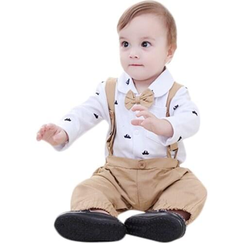 Gentleman Pactwork Baby Boys Clothes Toddler Boy Boat Print Bowtie Pocket Romper Overalls Clothing Kids Party Wedding Suits