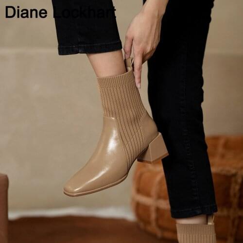 Elegant knitting socks boots womens stretch ankle boots British square toe booties Spring Autumn Chunky High Heels For Female