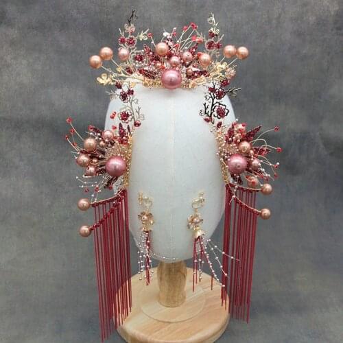 Red Bride Chinese tiara Wedding Vintage Classical red Costume Headpiece brides wedding Hair Accessories