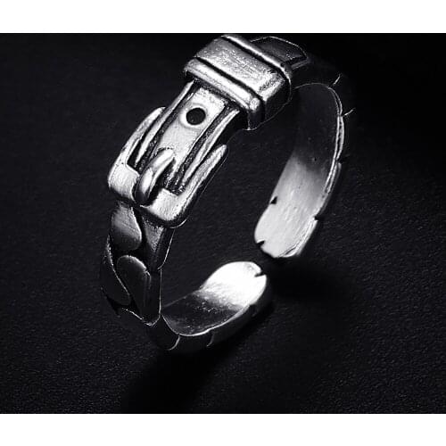 Trendy Vintage Belt Shape Antique Silver Plated Punk Hiphop Rock Style Resizable Rings for Women Girl & Man Retro Party Jewelry