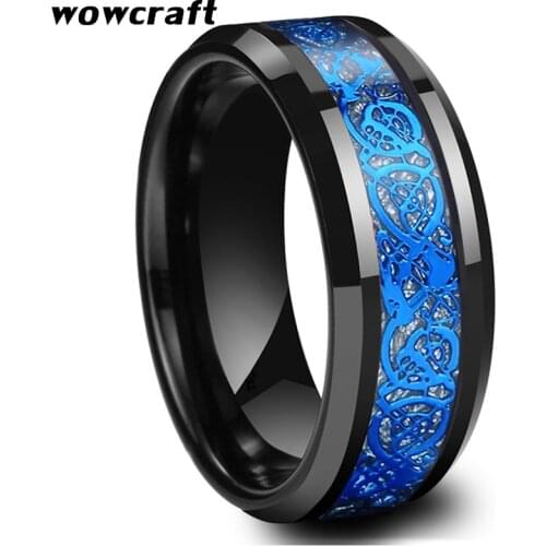 8mm Black Mens Ring Tungsten Wedding Band Blue Dragon Meteorite Inlay Polished Shiny Engagement Ring