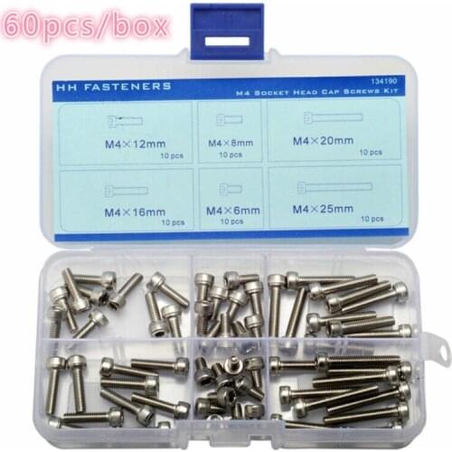 M4 Stainless Steel Hex Socket Head Cap Screw Qty 60pcs Assortment Kit M4 x 6/8/12/16/20/25mm
