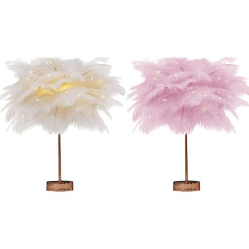 GTBL Remote Control Feather Table Lamp USB/AA Battery Power Creative Light Tree Feather Lampshade Wedding Bedroom Decor