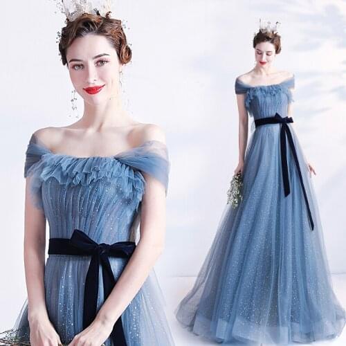 New greydish blue sequined lady girl women princess banquet bridesmaid performance dance ball prom dress gown free ship
