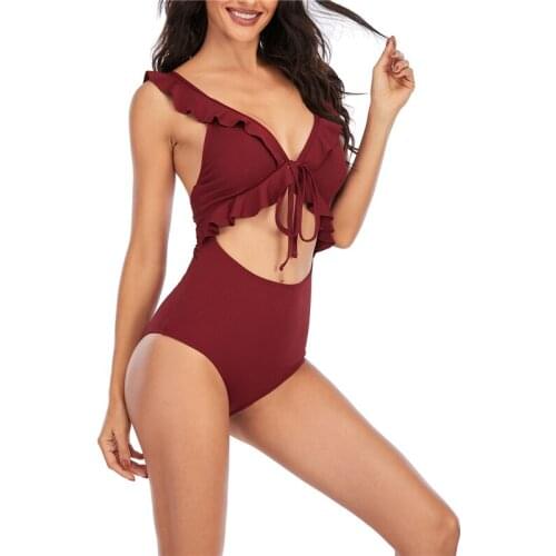 Xingqing Solid Color One-piece Swimsuit Ruffled Lace-up Deep V-neck Hollowed High Waist Swimwear Swimsuit Backless Beachwear