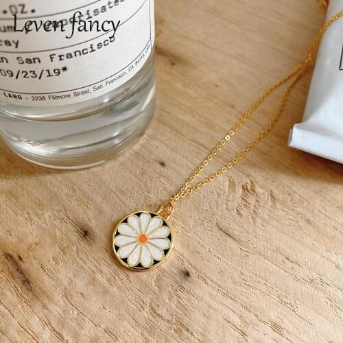 925 Sterling Silver Chrysanthemum Necklace Simple Daisy Flower Round Pendant Orange Enamel Plant Necklaces for Student Gift