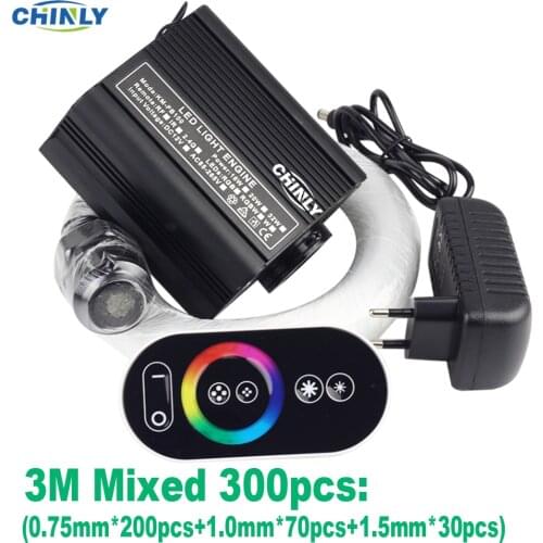 16W RGB Touch Remote Fiber Optic Light Kit 3Meter Optical Fiber Mixed 300pcs Decorative Kids Room Ceiling Starry Lights