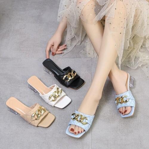 Womens Summer New soft High Heels Ladies Chain decoration Sandals Female Weave Slippers crystal summer Square heel slides