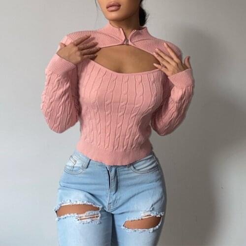 SEASONS 2021 Autumn Winter Women Pink Long Sleeve Hollow Out Knitted Sweater Crochet Crop Top Zipper Patchwork Jumpers ASSW83775