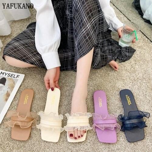 Summer Square Toe Womens Slippers Fashion Open Toe Flat Casual Slides Elegant Lace Rome Sandals Outdoor Beach Female Flip Flops