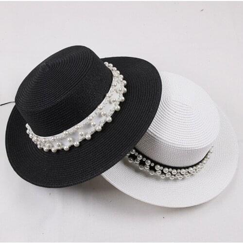 2021 Luxury Sunhats British Retro Fashion Edition Big Birm Top Flat Straw Hat With Pearl For Men And Women Gorros