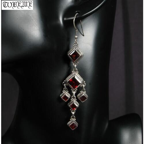 Old Handmade Nepal 925 Silver Garnet Earrings 925 Sterling Bohemia Women Earrings Ethnic Tribal Dangle Earrings