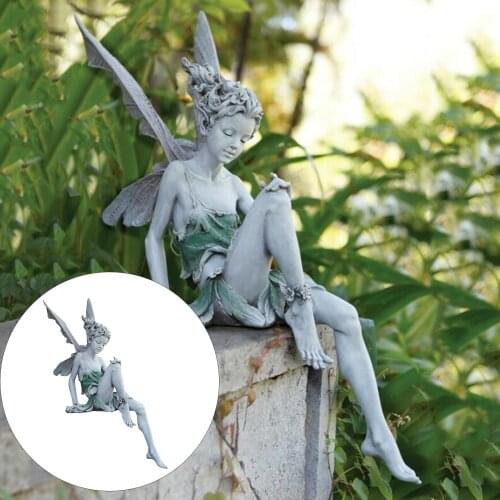 Resin Fairy Statue with Wing Decorative Garden Pond Sitting Fairy Ornament, Lawn Faery Sculpture Decoration