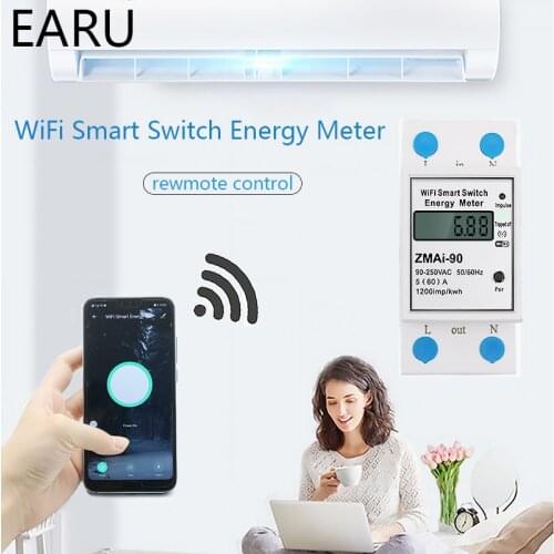WiFi Smart Power Energy Meter Consumption Watt kWh Meter Voltmeter 90-250V Din Rail Remote Switch Control TUYA Alexa Google Home