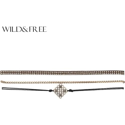 WILD & FREE Women 3pcs Suede Choker Necklace Set Antique Gold Link String Suede Chian Rhinestone Fashion Choker Necklace Jewelry