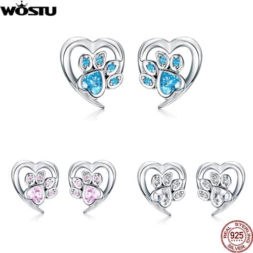 WOSTU 3 Colors Real 925 Sterling Silver Paw Dog Footprint Stud Earrings Blue & Pink Earrings For Women Wedding Jewelry FIE654