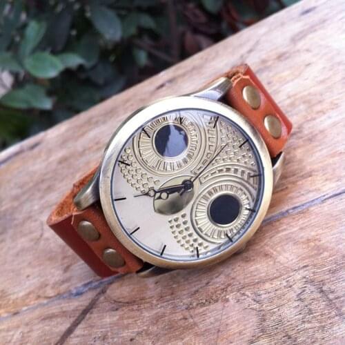 Gnova Platinum Quality Genuine Suede Leather Bracelet Women Watch Big OWL Bronze Wristwatch Retro Vintage Fashion Geneva Style