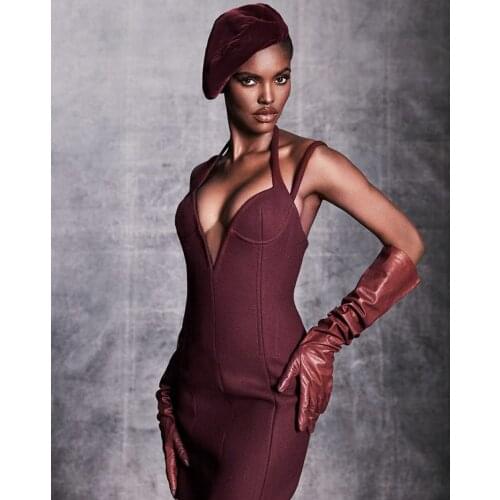 New Womens Sexy Burgundy Halter V-neck Sleeveless Rayon Bandage Mini Dress 2021 Celebrity Designer Fashion Party Dress