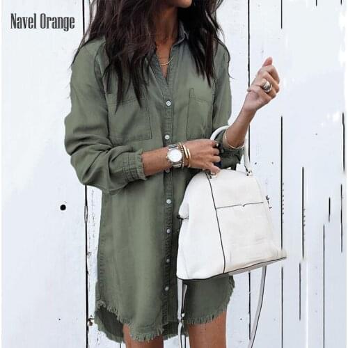 New Women Turn-Down Collar Tassel Mini Dress Autumn Solid Full Sleeve Elastic Waist Ladies Dress Denim Style Plus Size 5XL Dress