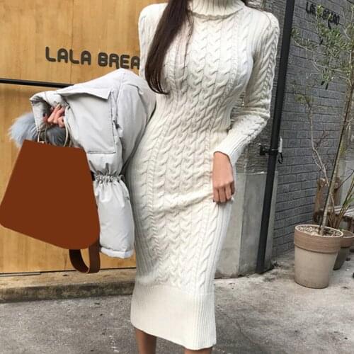 Winter New Knitted Dress Women Turtleneck Warm Criss Cross Street Pencil Dress Autumn Casual All Match Female Dresses
