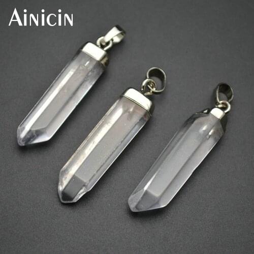 10pcs Natural Transparency Crystal Pillar Shape Pendant With Silver Plated Jewelry Making Materials