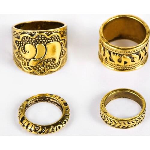 4Pcs Vintage Punk Ring Set Bohemian Antique Silver Metal Carved Flower Elephant Totem Leaf Lucky Knuckle Ring for women and men