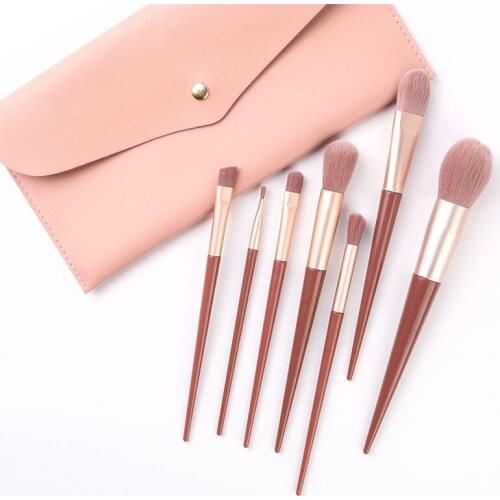 1 Set Portable 7pcs Makeup Brush Sets Morandi Pink Portable Makeup Brush Soft Hair Beauty Makeup With Mini Solid Color Bag